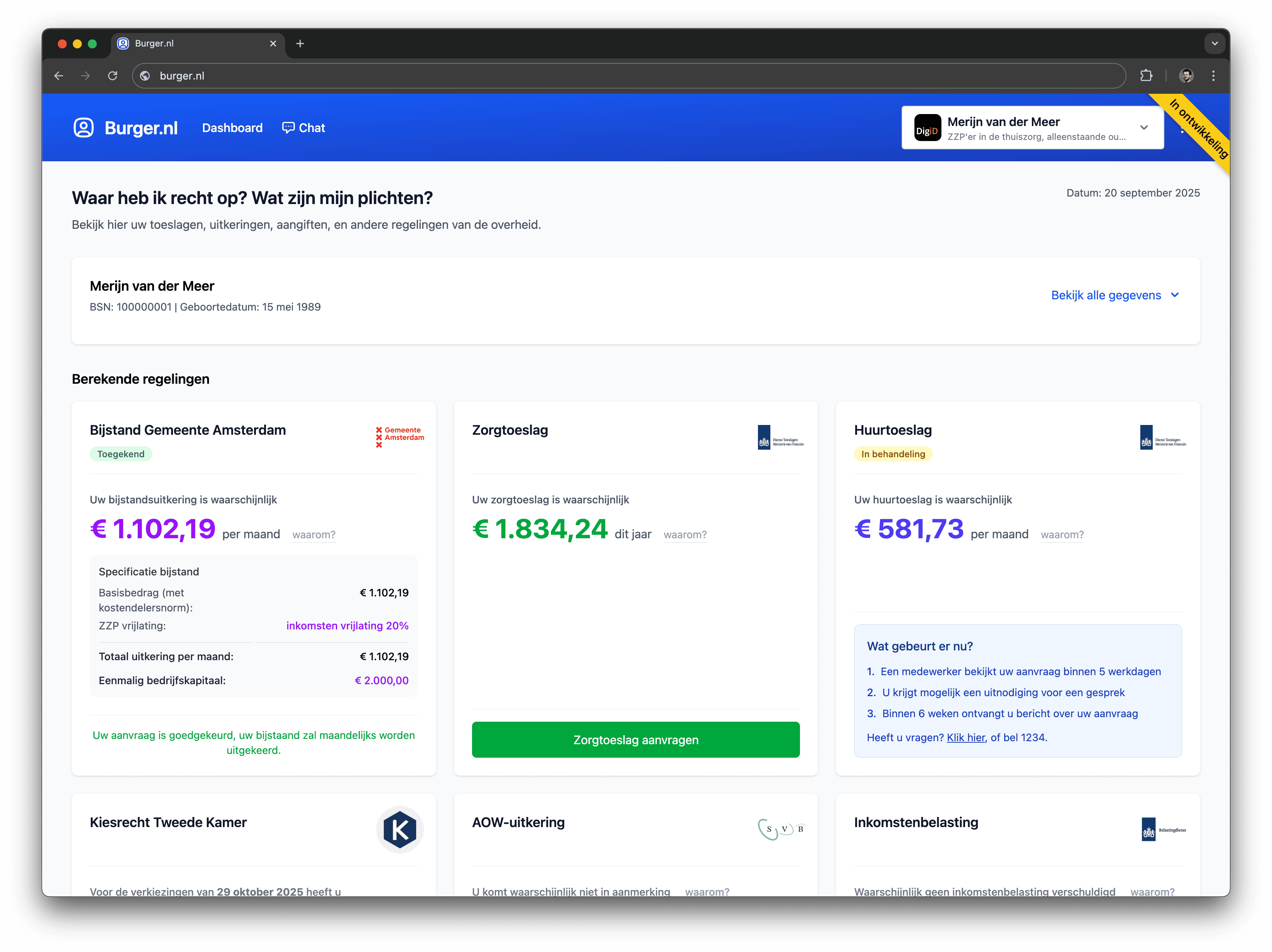 Burger.nl dashboard met persoonlijke regeltoepassing